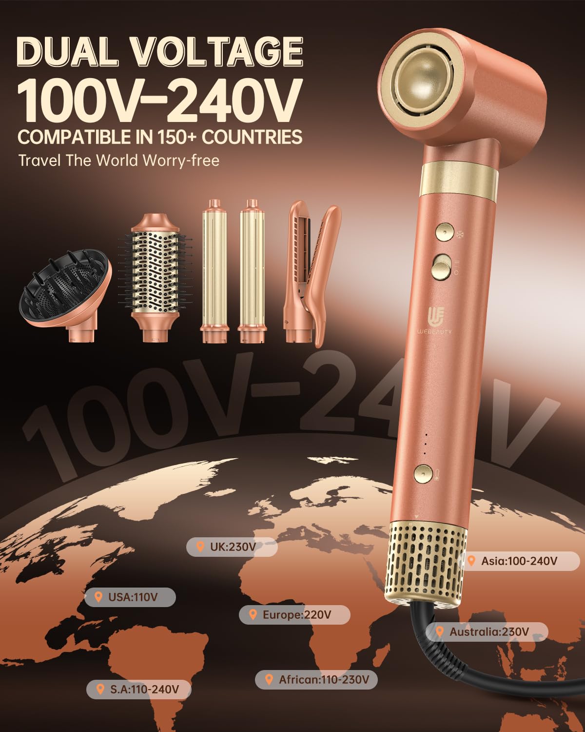 webeauty 7 in 1 Airstyler Dual Spannung 110000 U min Ionen Föhn Auto Lockenstab Warmluftbürste Diffusor Multistyling