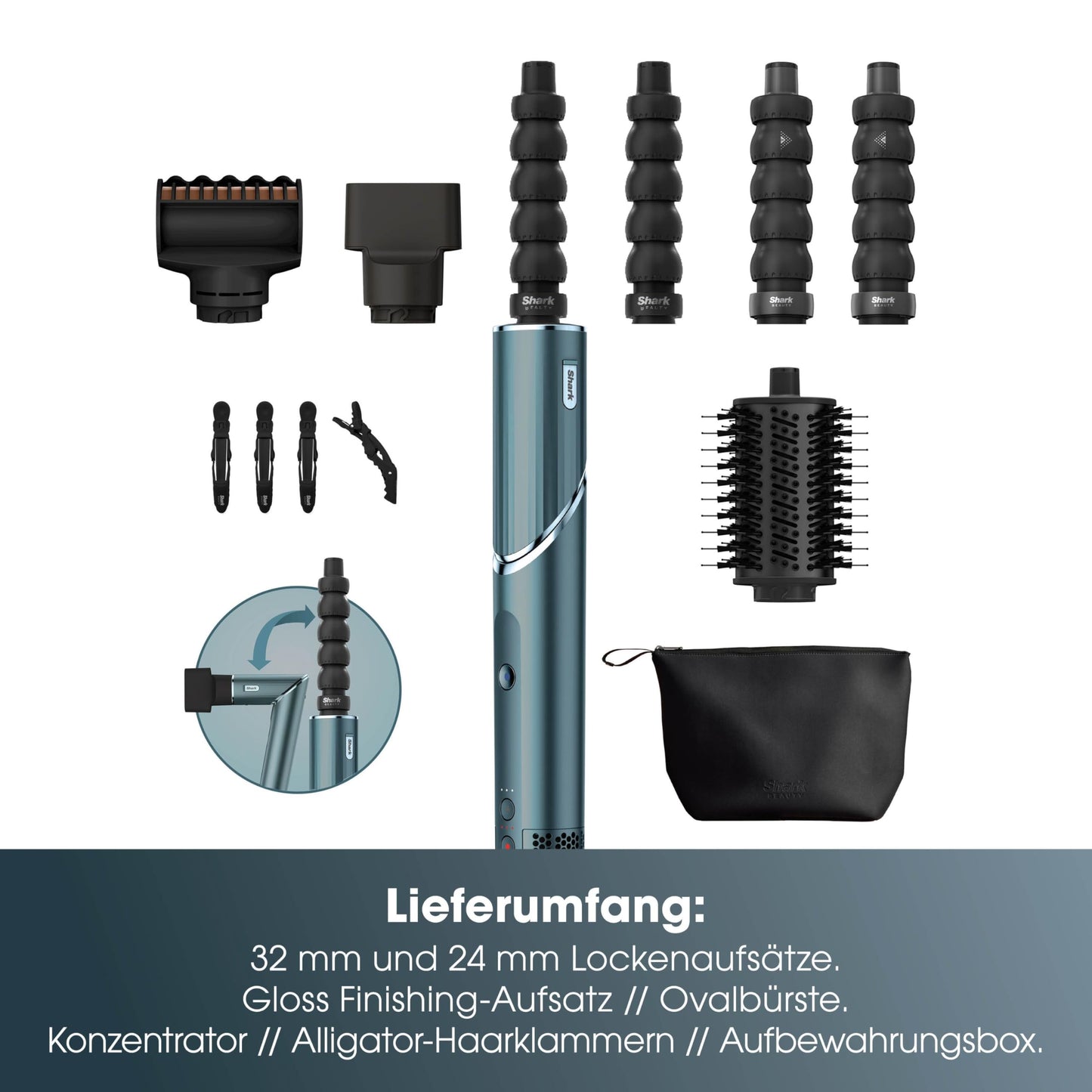 Shark FlexStyle 5 in 1 Haarstyler & Haartrockner Limited Edition Teal Lockenaufsätze Ovalbürste Finishing Aufsatz HD456TLEU