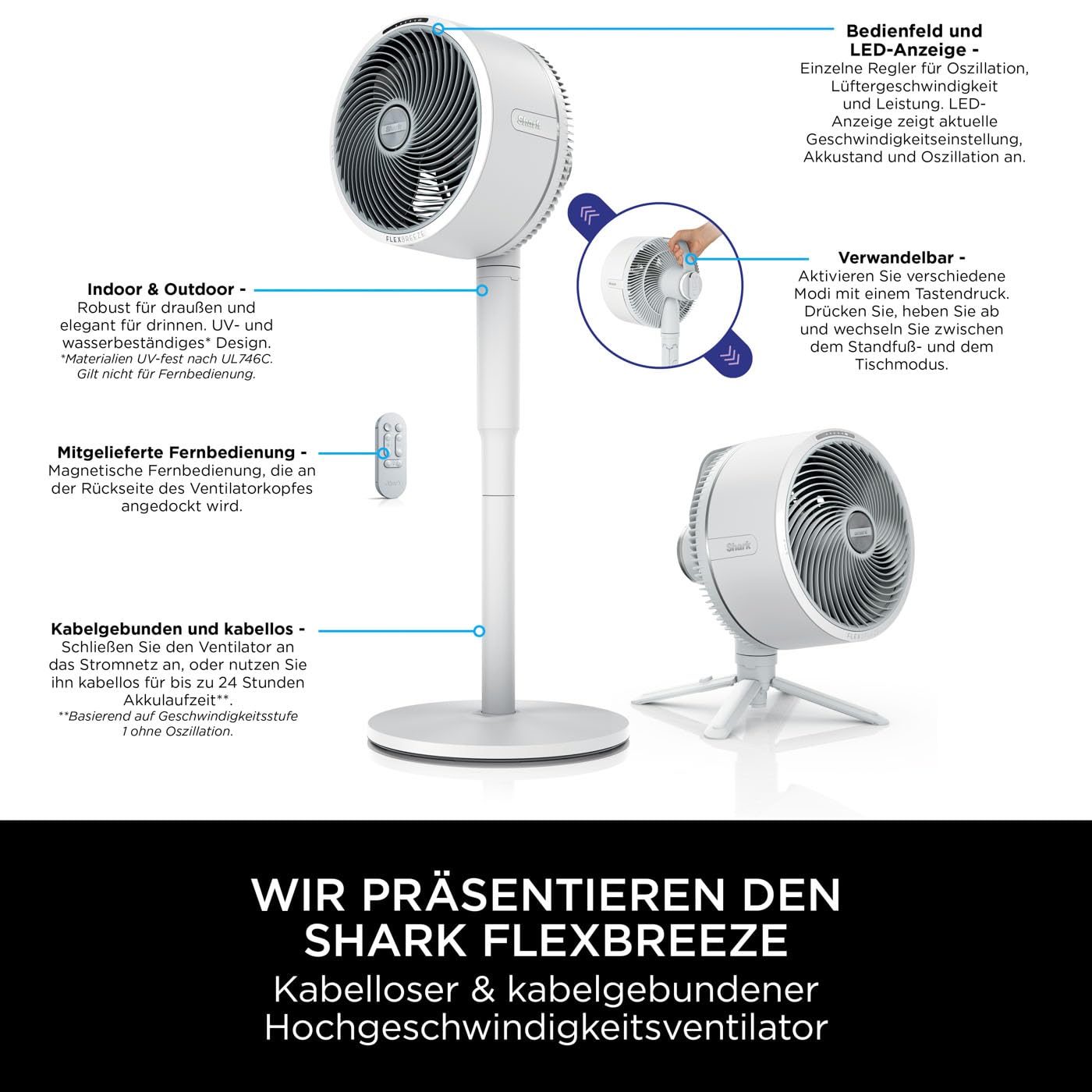 Shark FlexBreeze Ventilator leise hybrid kabelgebunden kabellos Innen Außen Akku Nebel Oszillation Fernbedienung FA220EU