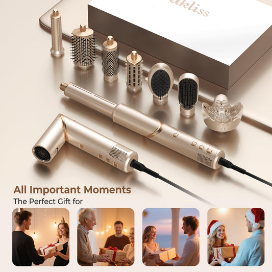 UKLISS 8 in 1 Airstyler & Haartrockner Auto Wrap Lockenstab Ionen Föhn Rundbürste Multistyler Weiß Gold