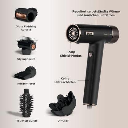 Shark SpeedStyle Pro Haartrockner mit Kopfhautschutz 5 Aufsätze faltbarer Griff ohne Hitzeschäden Schwarz HD752EU