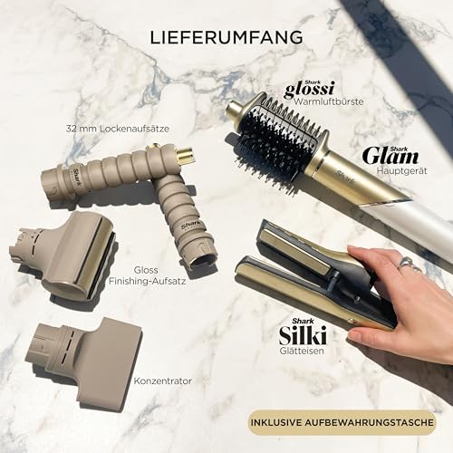Shark Glam Multistyler & Haartrockner mit Keramik Gloss Lock Technologie 5 Aufsätze für glatte Haare Wellen Locken HD6051SEU