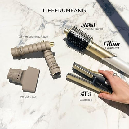 Shark Glam Multistyler & Haartrockner mit Keramik Gloss Lock Technologie 4 Aufsätze für glatte Haare Wellen Locken HD6041SEU