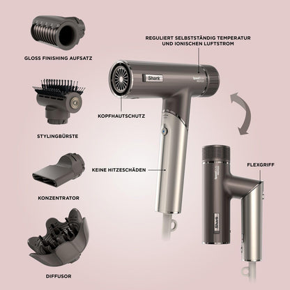 Shark SpeedStyle Pro Flex Haartrockner faltbar mit Kopfhautschutz 4 Aufsätze leicht ohne Hitzeschäden HD542EU