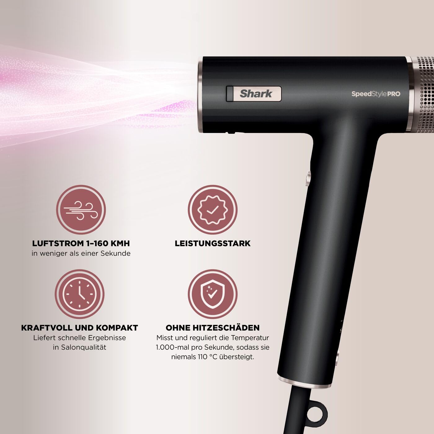 Shark SpeedStyle Pro Haartrockner mit Kopfhautschutz 5 Aufsätze faltbarer Griff ohne Hitzeschäden Schwarz HD752EU