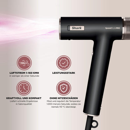 Shark SpeedStyle Pro Haartrockner mit Kopfhautschutz 5 Aufsätze faltbarer Griff ohne Hitzeschäden Schwarz HD752EU