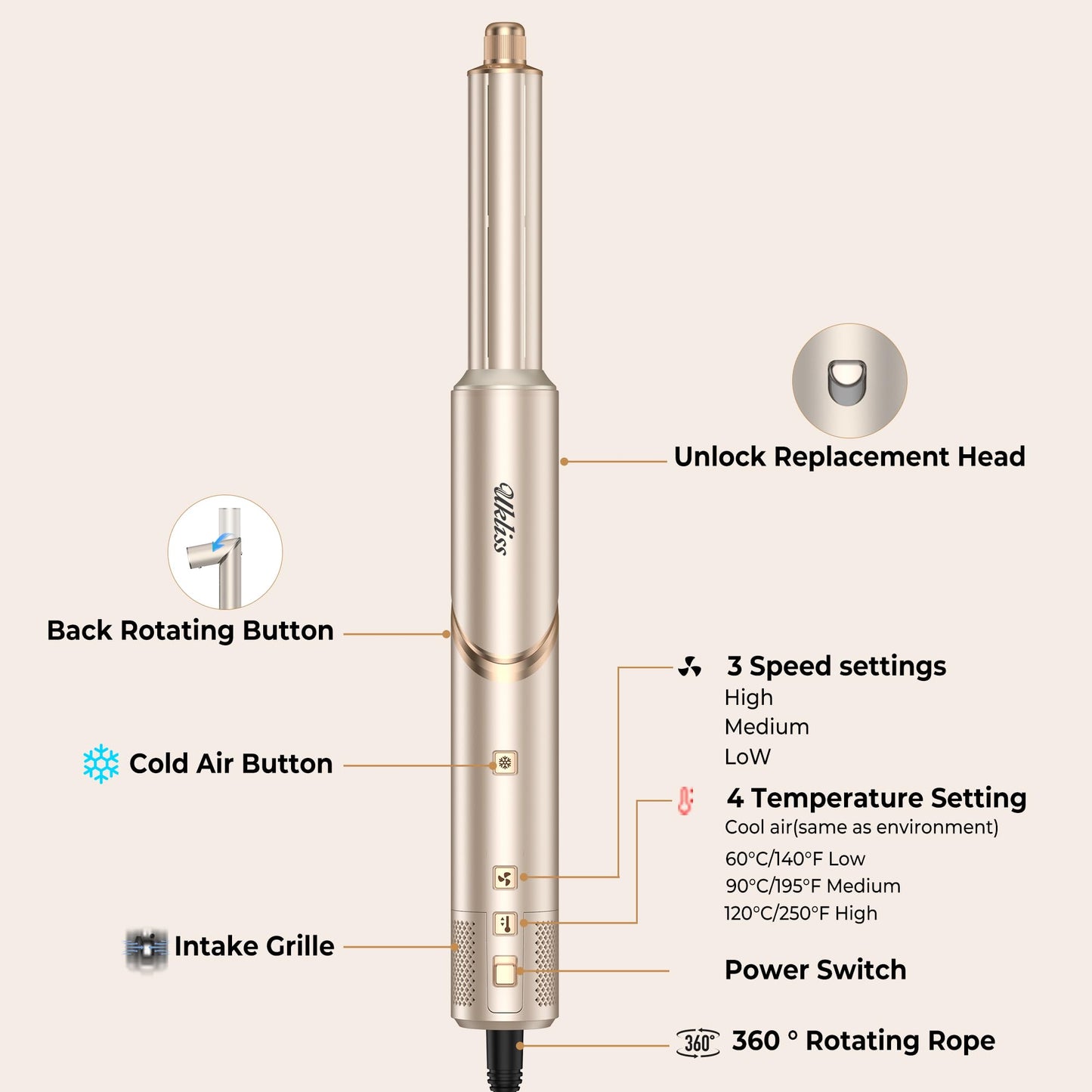 UKLISS 8 in 1 Airstyler & Haartrockner Auto Wrap Lockenstab 110000 U min Ionen Föhn Profi Hairstyler Gold