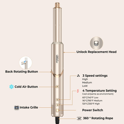 UKLISS 8 in 1 Airstyler & Haartrockner Auto Wrap Lockenstab Ionen Föhn Rundbürste Multistyler Weiß Gold