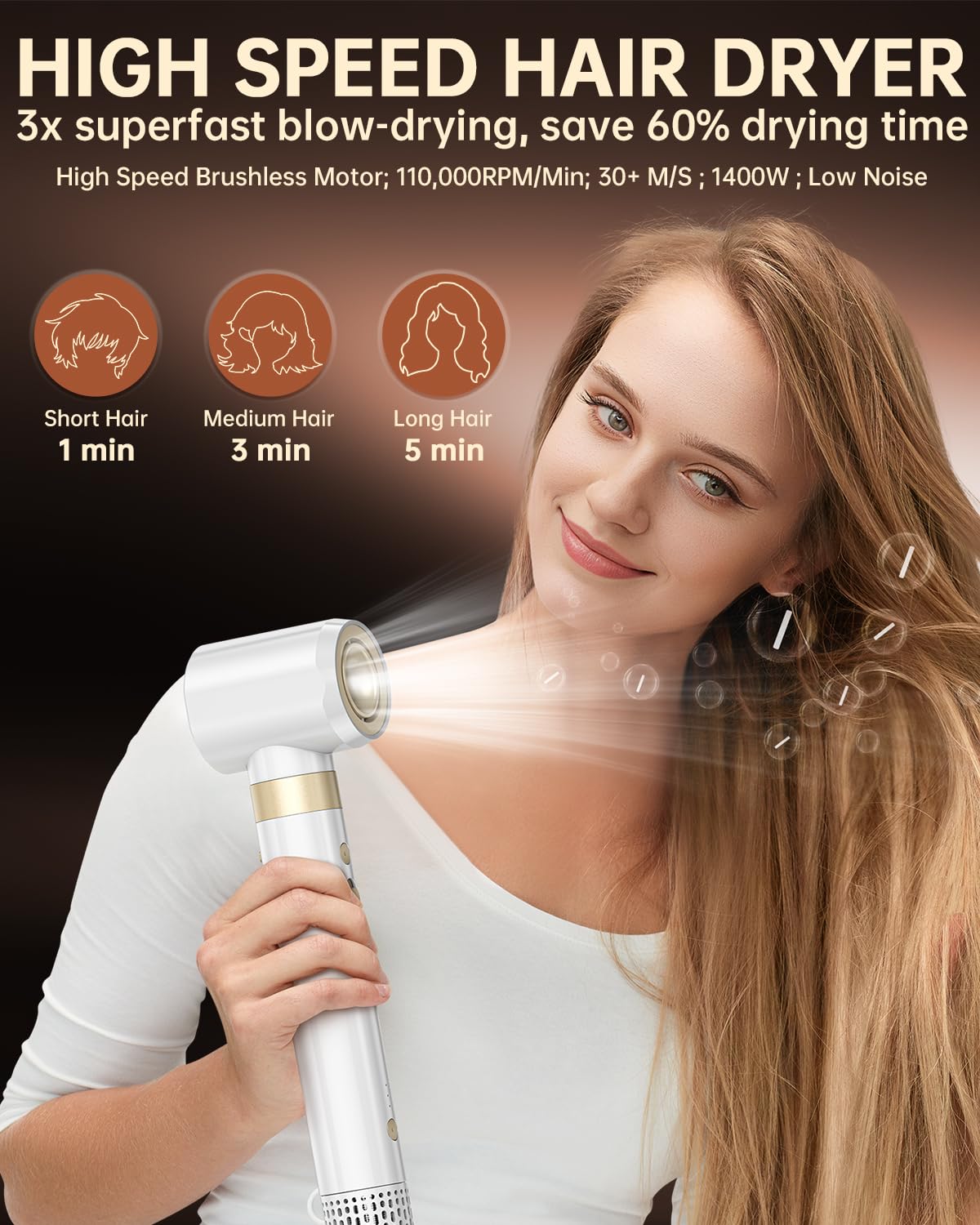 webeauty 6 in 1 Airstyler Dual Voltage 110000 U min Ionen Föhn Warmluftbürste Air Lockenstab Weiß 100 240V