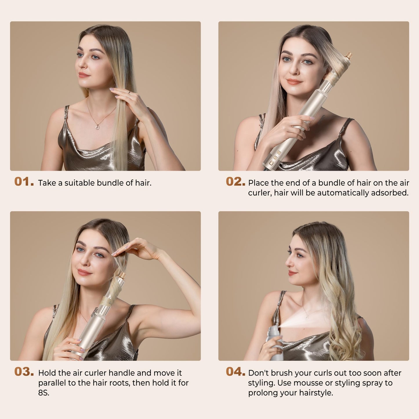 UKLISS 8 in 1 Airstyler & Haartrockner Auto Wrap Lockenstab Ionen Föhn Rundbürste Multistyler Weiß Gold