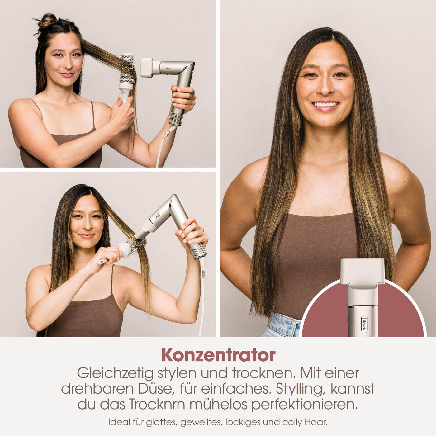 Shark FlexStyle 3 in 1 Luftstyler & Haartrockner Auto Wrap Lockenaufsatz Ovalbürste Konzentrator ohne Hitzeschäden HD426SLEU