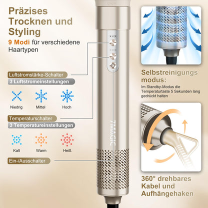 7MAGIC 6 in 1 Airstyler Haarstyler Auto Wrap Lockenstab Ionen Föhn Rundbürste Glätteisen Reisen Champagnergold
