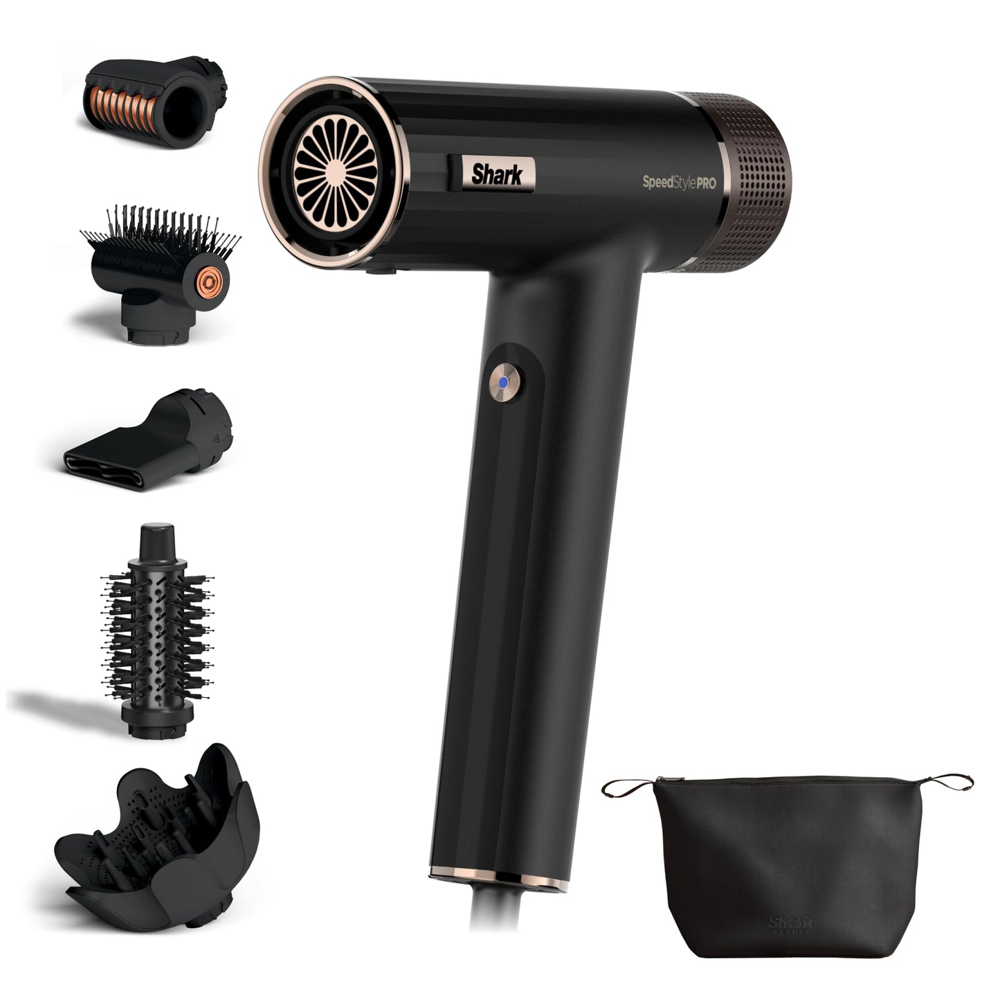 Shark SpeedStyle Pro Haartrockner mit Kopfhautschutz 5 Aufsätze faltbarer Griff ohne Hitzeschäden Schwarz HD752EU