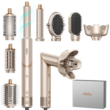 UKLISS 8 in 1 Airstyler & Haartrockner Auto Wrap Lockenstab 110000 U min Ionen Föhn Profi Hairstyler Gold