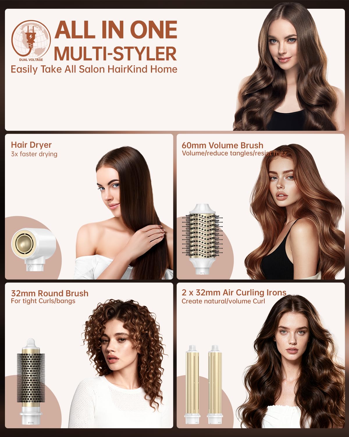 webeauty 6 in 1 Airstyler Dual Voltage 110000 U min Ionen Föhn Warmluftbürste Air Lockenstab Weiß 100 240V