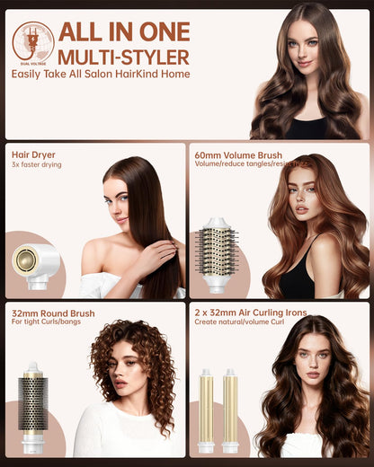 webeauty 6 in 1 Airstyler Dual Voltage 110000 U min Ionen Föhn Warmluftbürste Air Lockenstab Weiß 100 240V