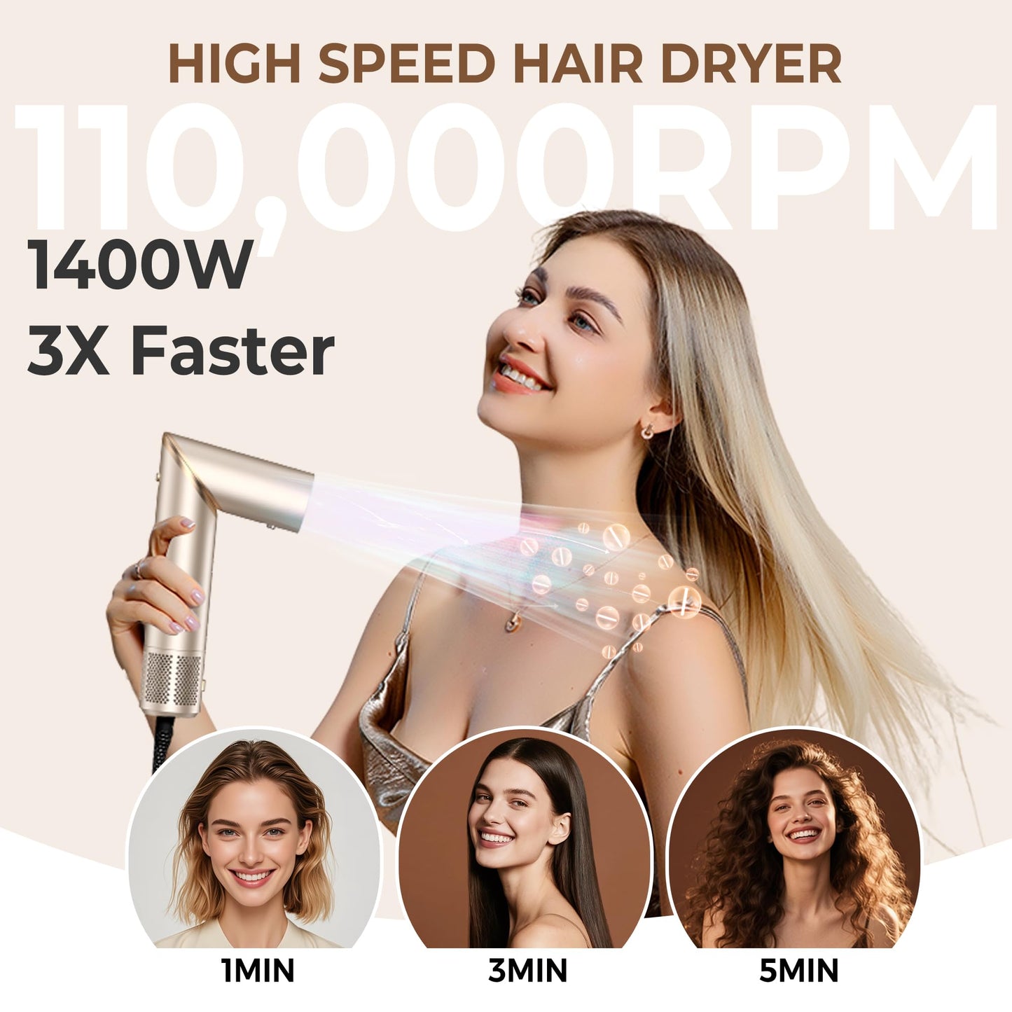 UKLISS 8 in 1 Airstyler & Haartrockner Auto Wrap Lockenstab Ionen Föhn Rundbürste Multistyler Weiß Gold