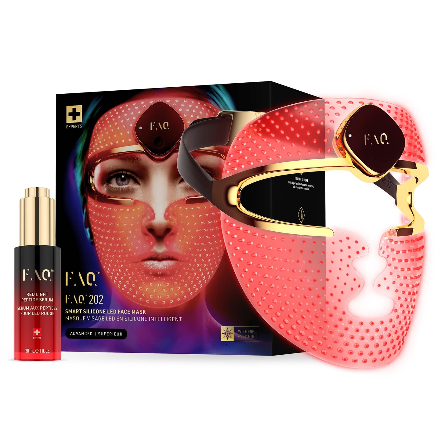 FAQ LED Gesichtsmaske kabellos mit 600 Lichtpunkten 8 Modi Rotlichtlampe inkl Hyaluron Serum Hautpflege Set