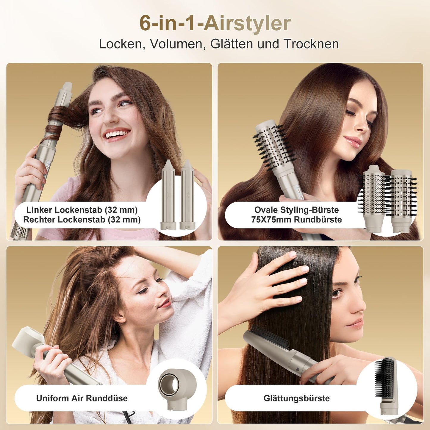 7MAGIC 6 in 1 Airstyler Haarstyler Auto Wrap Lockenstab Ionen Föhn Rundbürste Glätteisen Reisen Champagnergold