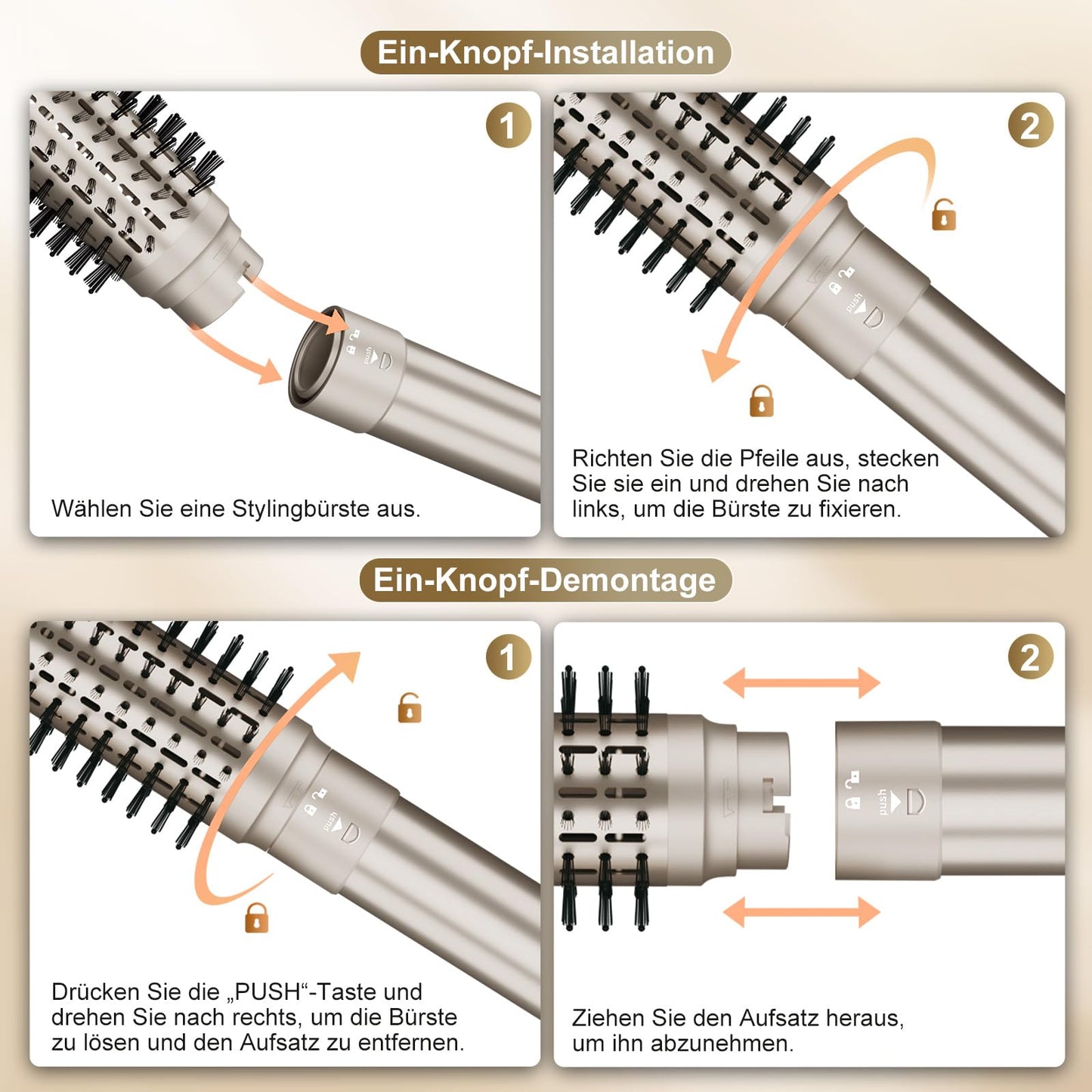 7MAGIC 6 in 1 Airstyler Haarstyler Auto Wrap Lockenstab Ionen Föhn Rundbürste Glätteisen Reisen Champagnergold