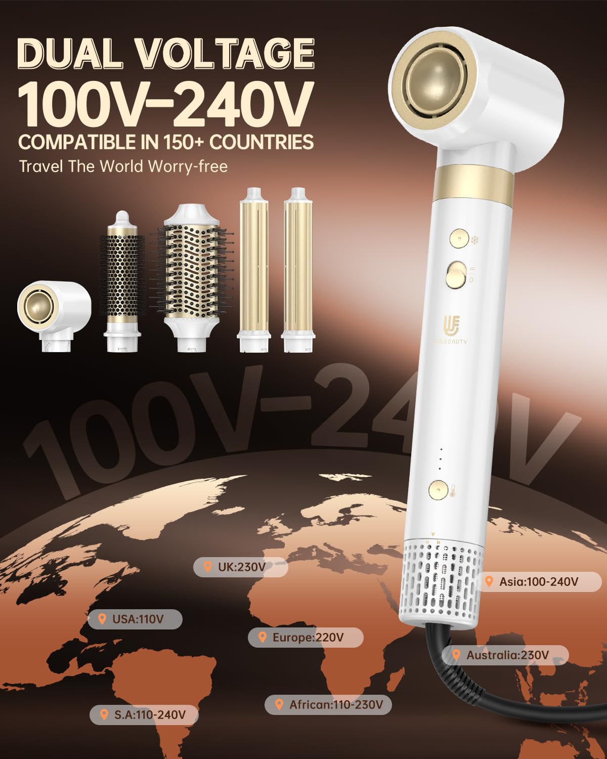 webeauty 6 in 1 Airstyler Dual Voltage 110000 U min Ionen Föhn Warmluftbürste Air Lockenstab Weiß 100 240V