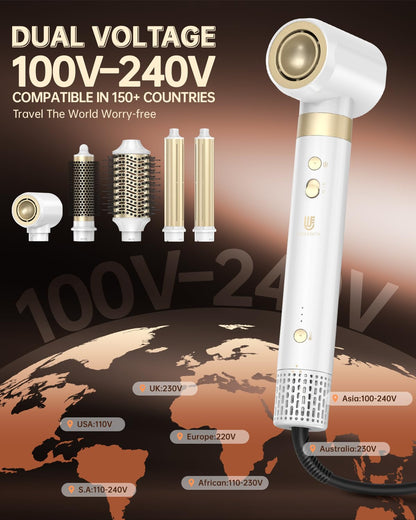 webeauty 6 in 1 Airstyler Dual Voltage 110000 U min Ionen Föhn Warmluftbürste Air Lockenstab Weiß 100 240V