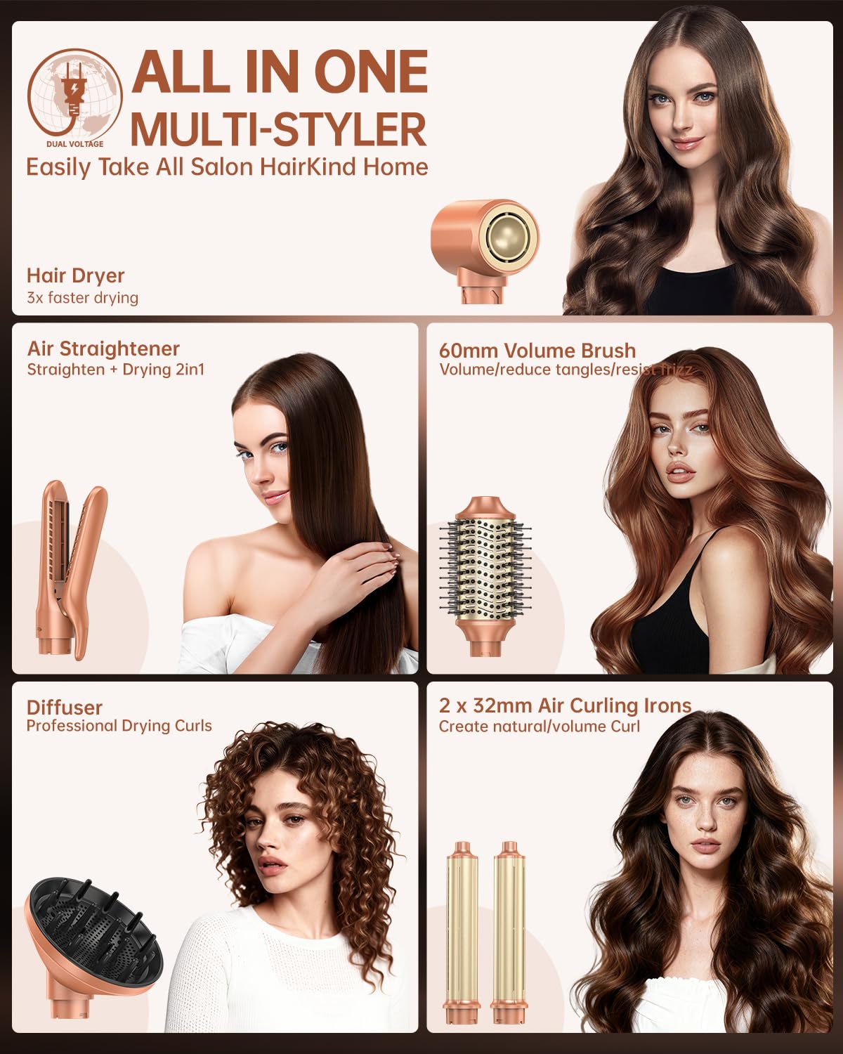webeauty 7 in 1 Airstyler Dual Spannung 110000 U min Ionen Föhn Auto Lockenstab Warmluftbürste Diffusor Multistyling