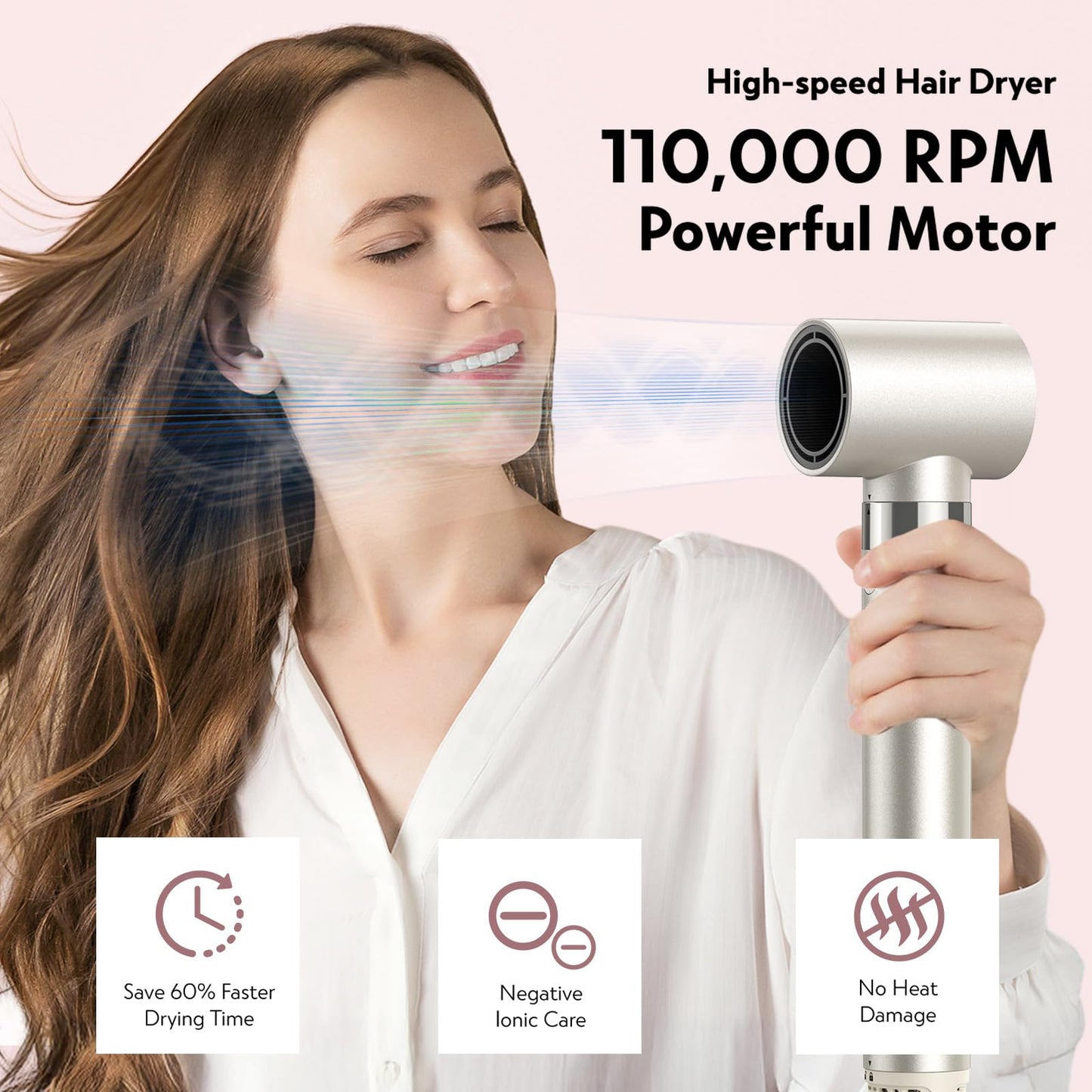 Slopehill Airstyler 5 in 1 Ionen Föhn 110000 U min Auto Lockenstab Warmluftbürste Glätteisen Champagner Gold