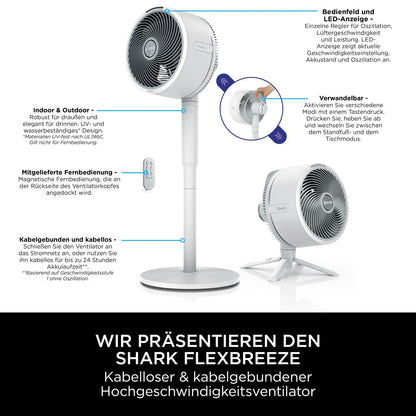 Shark FlexBreeze Ventilator leise hybrid kabelgebunden kabellos Innen Außen Akku Nebel Oszillation Fernbedienung FA220EU
