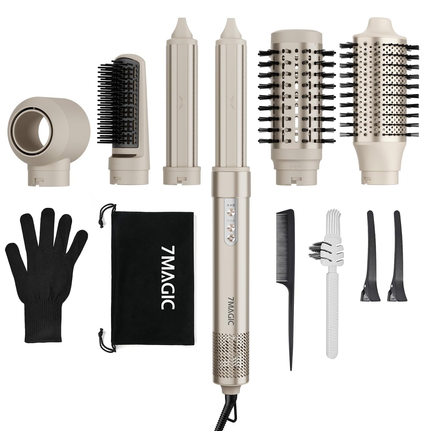 7MAGIC 6 in 1 Airstyler Haarstyler Auto Wrap Lockenstab Ionen Föhn Rundbürste Glätteisen Reisen Champagnergold