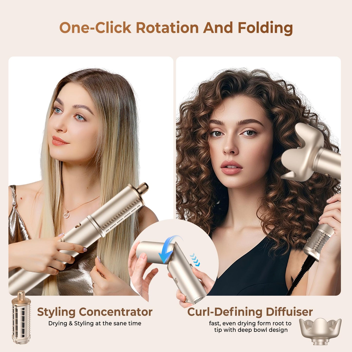 UKLISS 8 in 1 Airstyler & Haartrockner Auto Wrap Lockenstab Ionen Föhn Rundbürste Multistyler Weiß Gold
