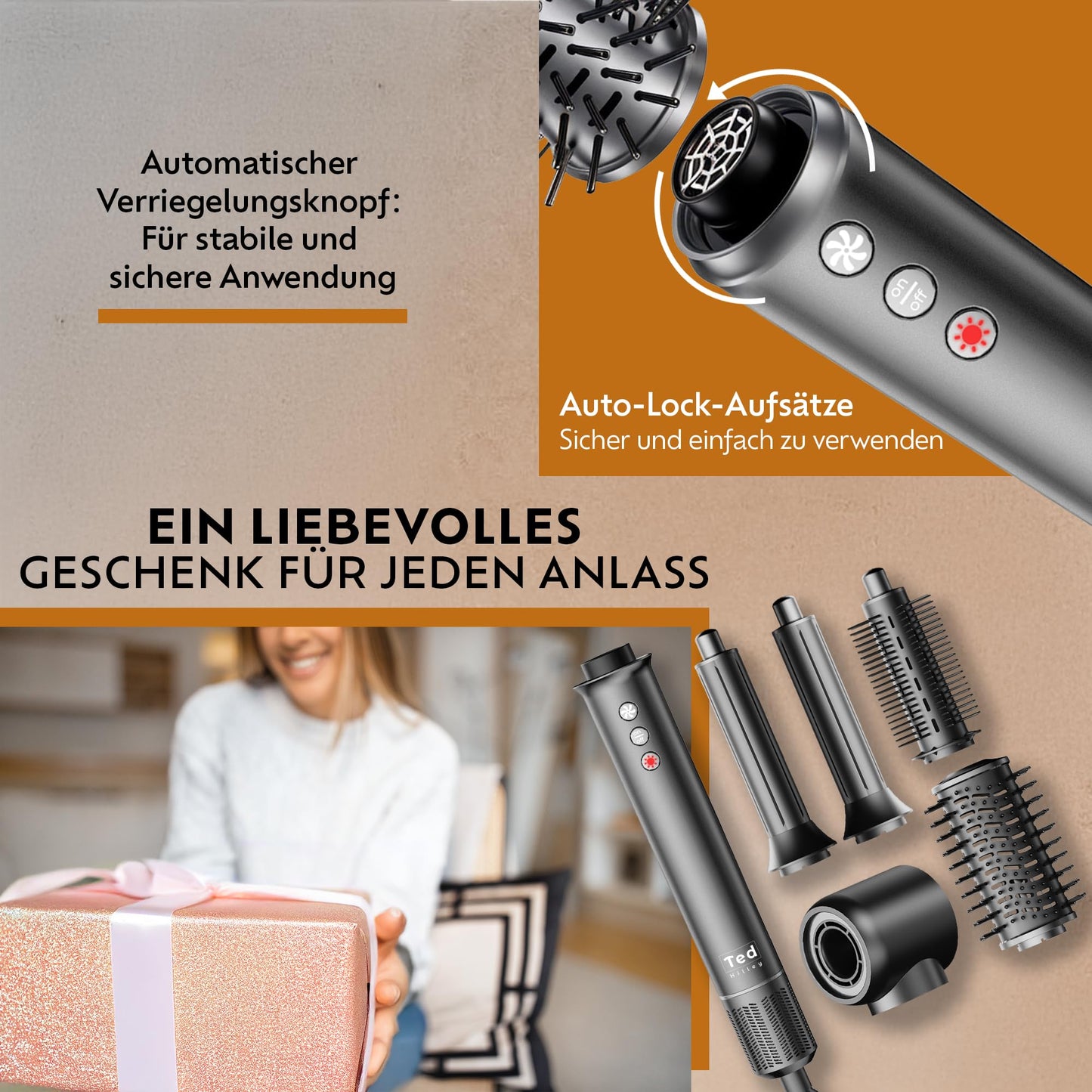 Ted Hilley Multistyler 5 in 1 Lockenstab & Föhnbürste 110000 U min Ionen Warmluftbürste Haarstyler mit Aufsätzen