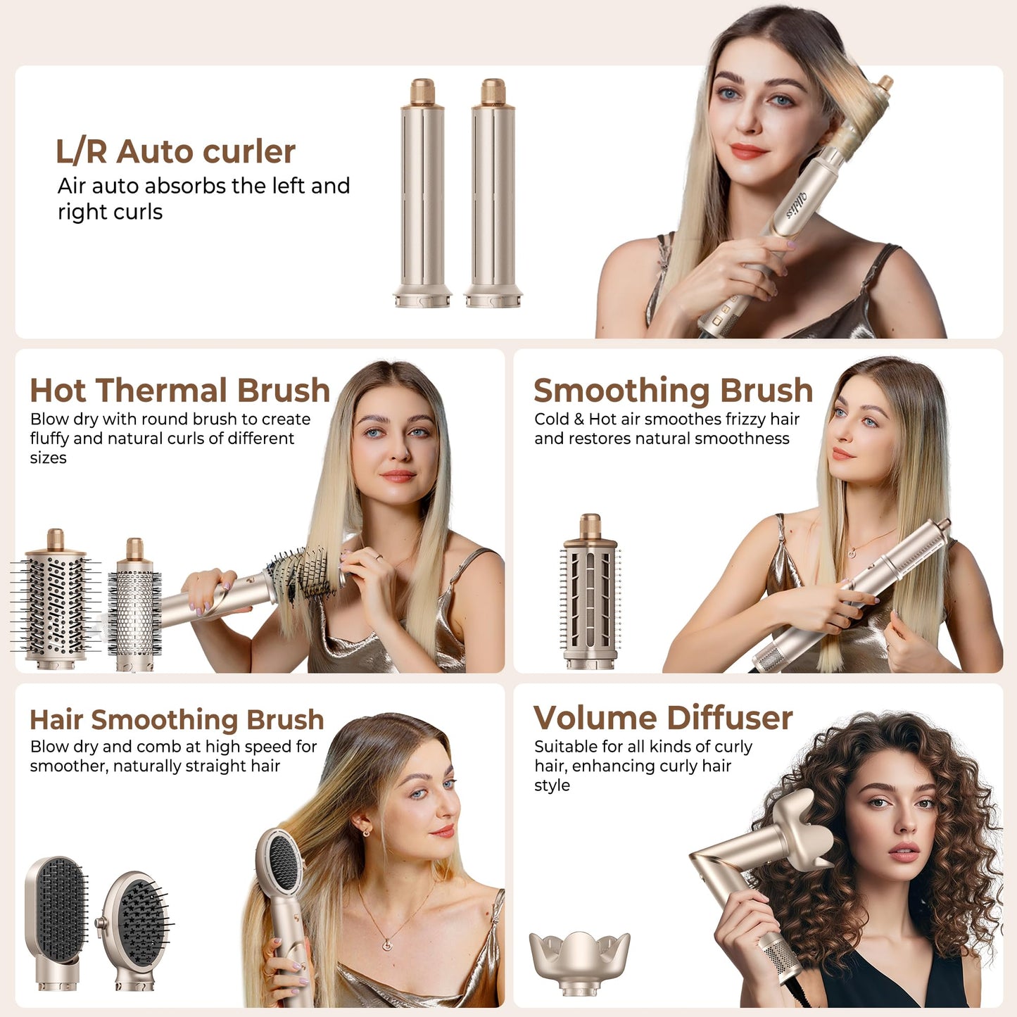 UKLISS 8 in 1 Airstyler & Haartrockner Auto Wrap Lockenstab Ionen Föhn Rundbürste Multistyler Weiß Gold