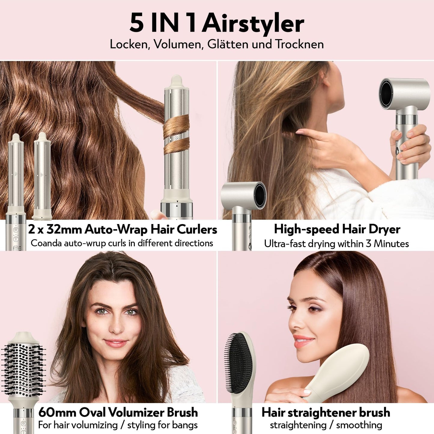 Slopehill Airstyler 5 in 1 Ionen Föhn 110000 U min Auto Lockenstab Warmluftbürste Glätteisen Champagner Gold