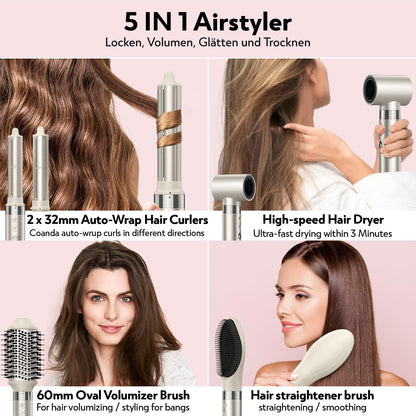 Slopehill Airstyler 5 in 1 Ionen Föhn 110000 U min Auto Lockenstab Warmluftbürste Glätteisen Champagner Gold