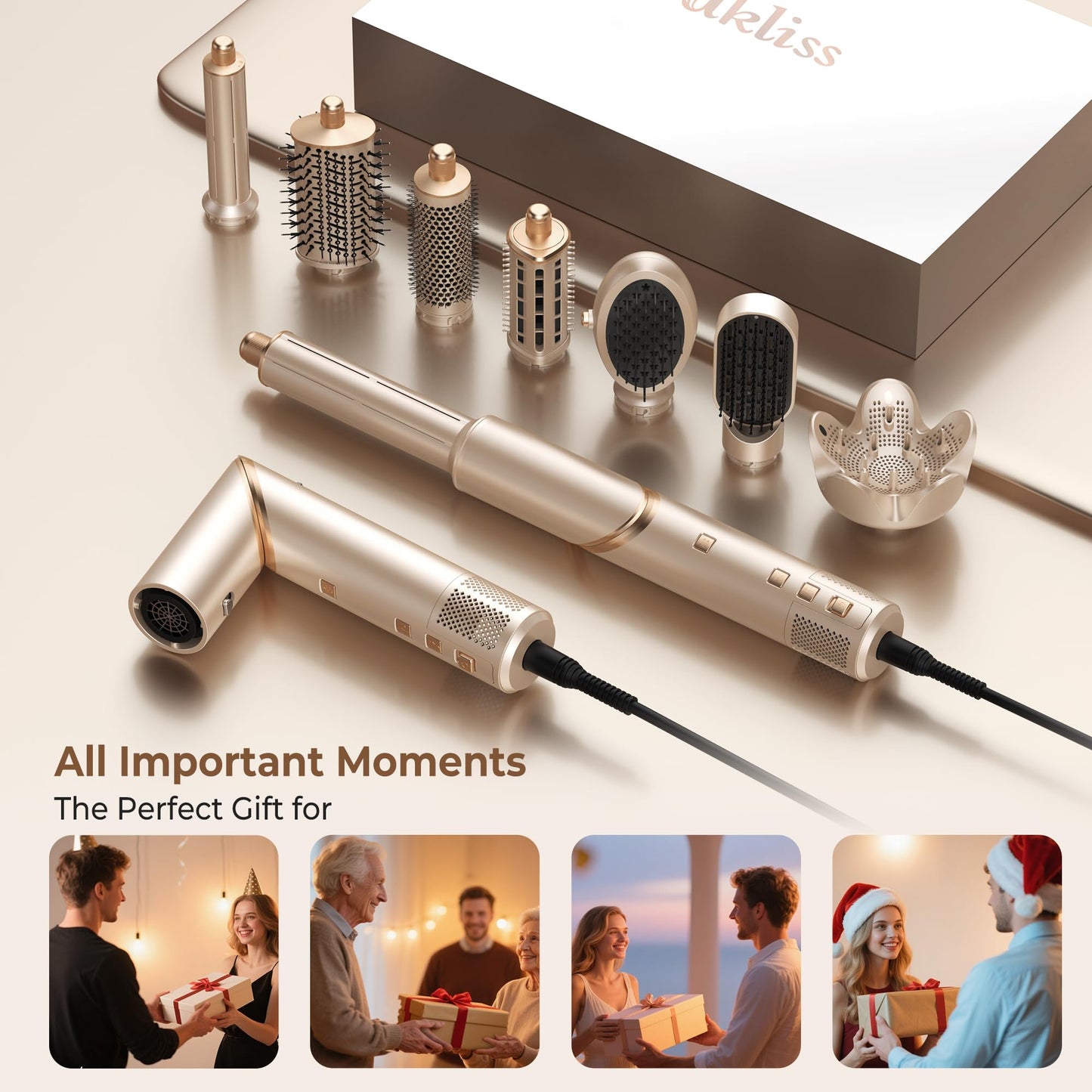 UKLISS 8 in 1 Airstyler & Haartrockner Auto Wrap Lockenstab 110000 U min Ionen Föhn Profi Hairstyler Gold