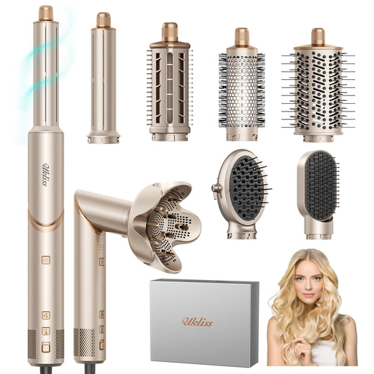 UKLISS 8 in 1 Airstyler & Haartrockner Auto Wrap Lockenstab Ionen Föhn Rundbürste Multistyler Weiß Gold