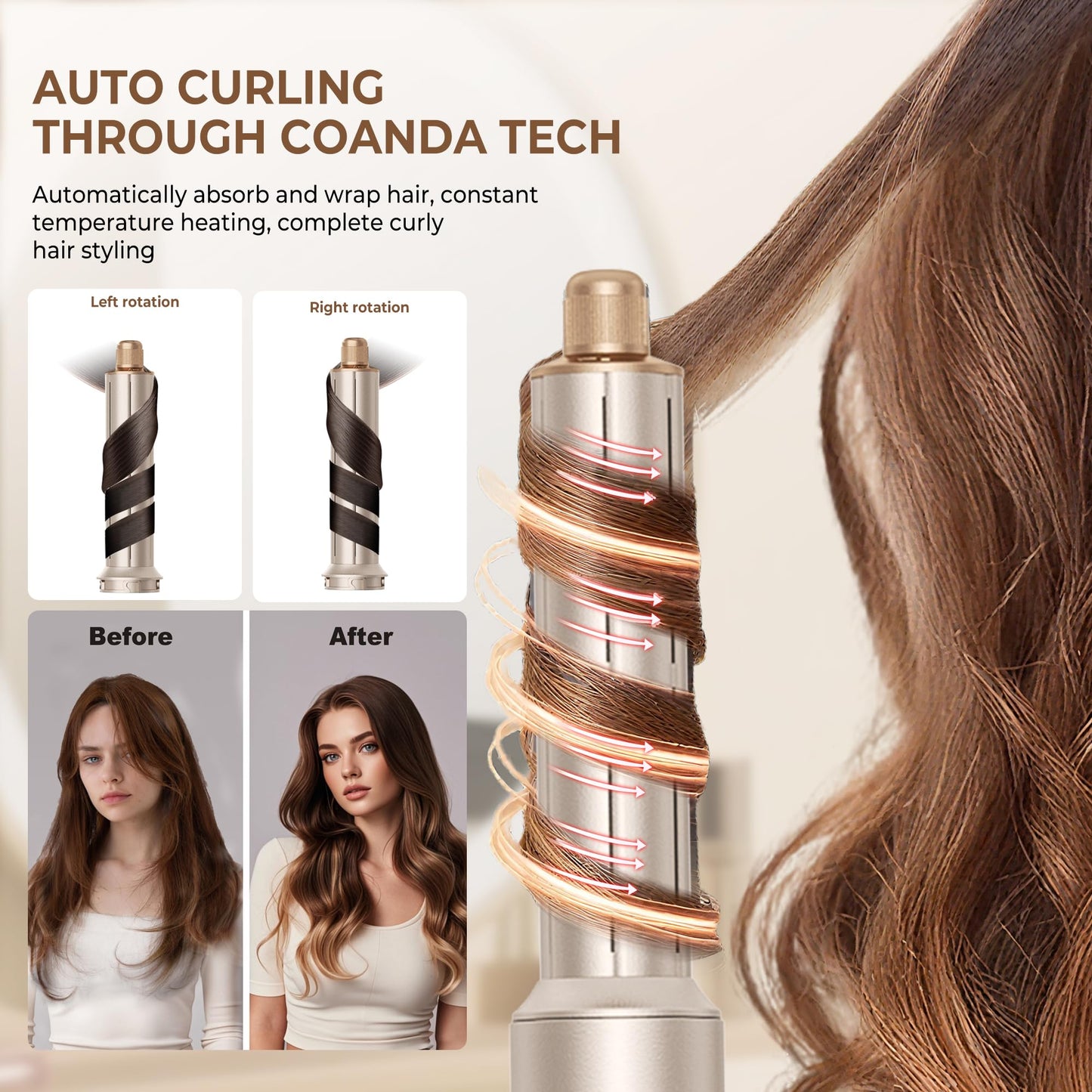 UKLISS 8 in 1 Airstyler & Haartrockner Auto Wrap Lockenstab 110000 U min Ionen Föhn Profi Hairstyler Gold